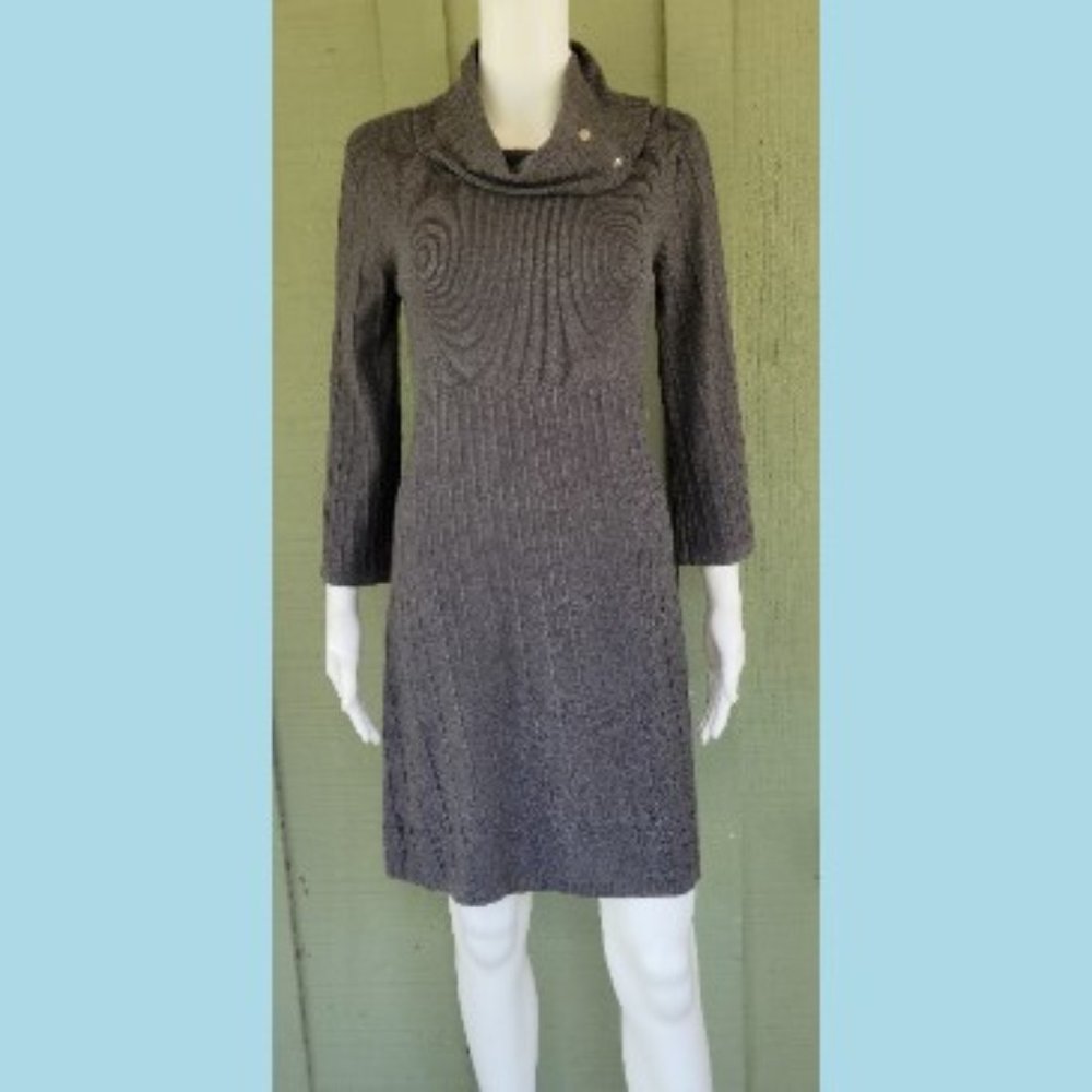 VALERIE STEVENS Gray Knit Sweater Dress Small Split Cowl